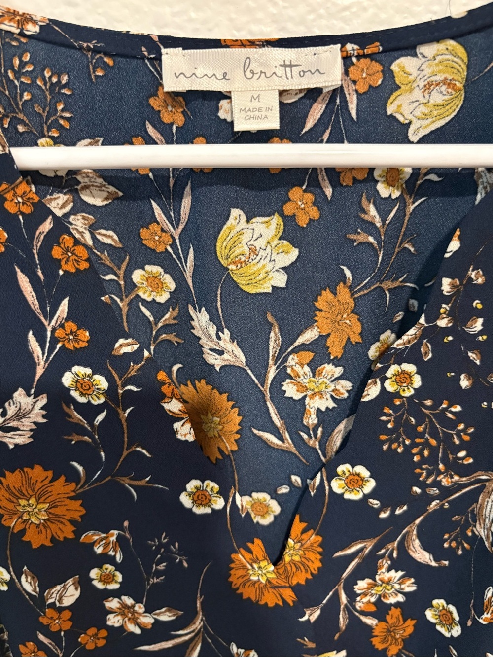 nine britton Navy Floral Wrap Dress with Mustard and Cream Flowers - Picture 2 of 4